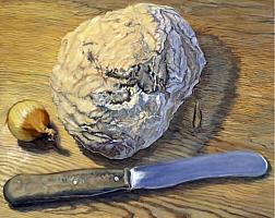 Gater_Stillleben_mit_Brot_Zwiebel_und_Messer_2026_OelLw_40x50cm