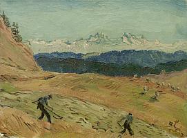 Hildenbrand_Alpensicht_mit_zwei_Maehern_1932_OelLw_48x66cm