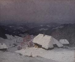 Hauptmann_Winterbauernhof_mit_lila_Himmel_OelLw_37x44cm